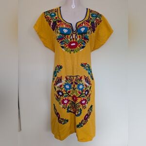 Vintage Folk Embroidered Dress Yellow Medium Large
